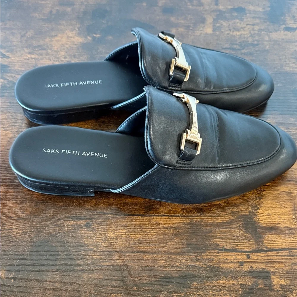 Saks Fifth Avenue Black Leather Slip-On Loafers with Gold Tone Bit - Picture 4 of 6